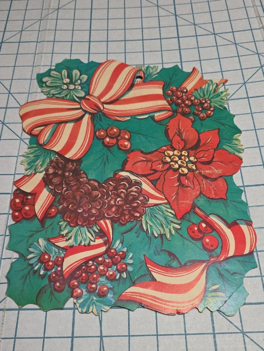 Holiday Poinsettia and Ribbon Party Die Cut - Green & Red, VTG, 10.5
